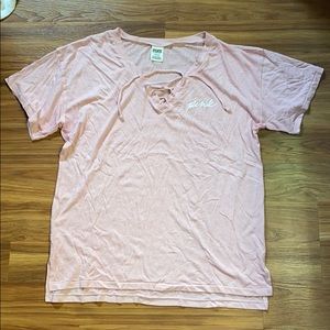 Light pink PINK modal tee with lace up v-neck